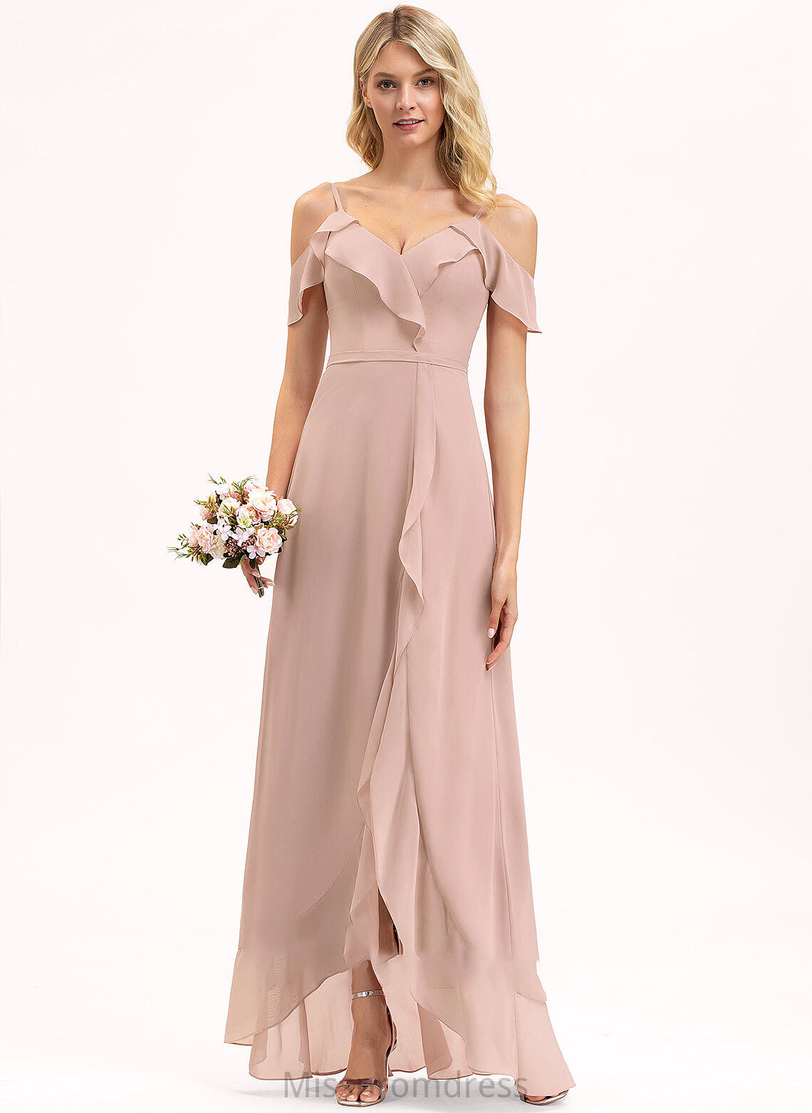 Fabric Length Asymmetrical A-Line V-neck CascadingRuffles Neckline Embellishment Silhouette Jo Natural Waist Sleeveless Bridesmaid Dresses