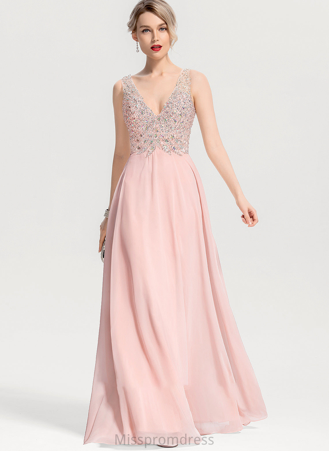 Chiffon Lainey Front A-Line Beading Prom Dresses Split V-neck Sequins Floor-Length With