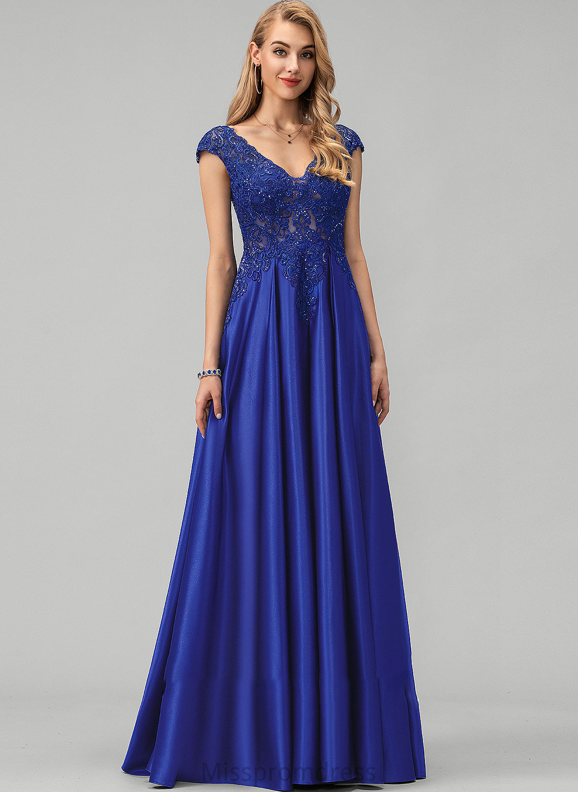 V-neck Satin Ball-Gown/Princess Sequins Lace Floor-Length With Prom Dresses Leia