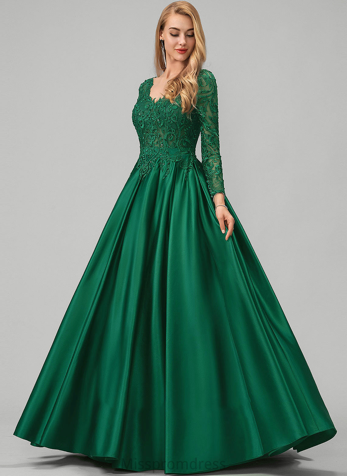 Lace Prom Dresses Beading Satin Floor-Length Pockets V-neck Martina Ball-Gown/Princess Sequins With
