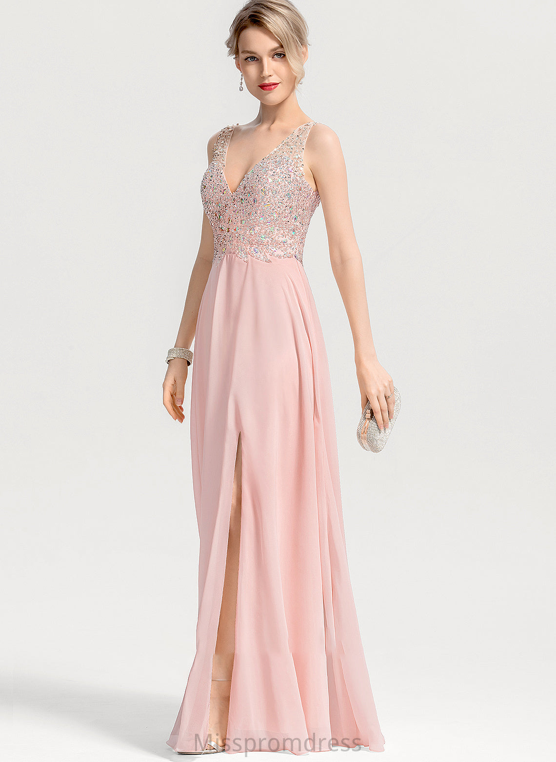 Chiffon Lainey Front A-Line Beading Prom Dresses Split V-neck Sequins Floor-Length With