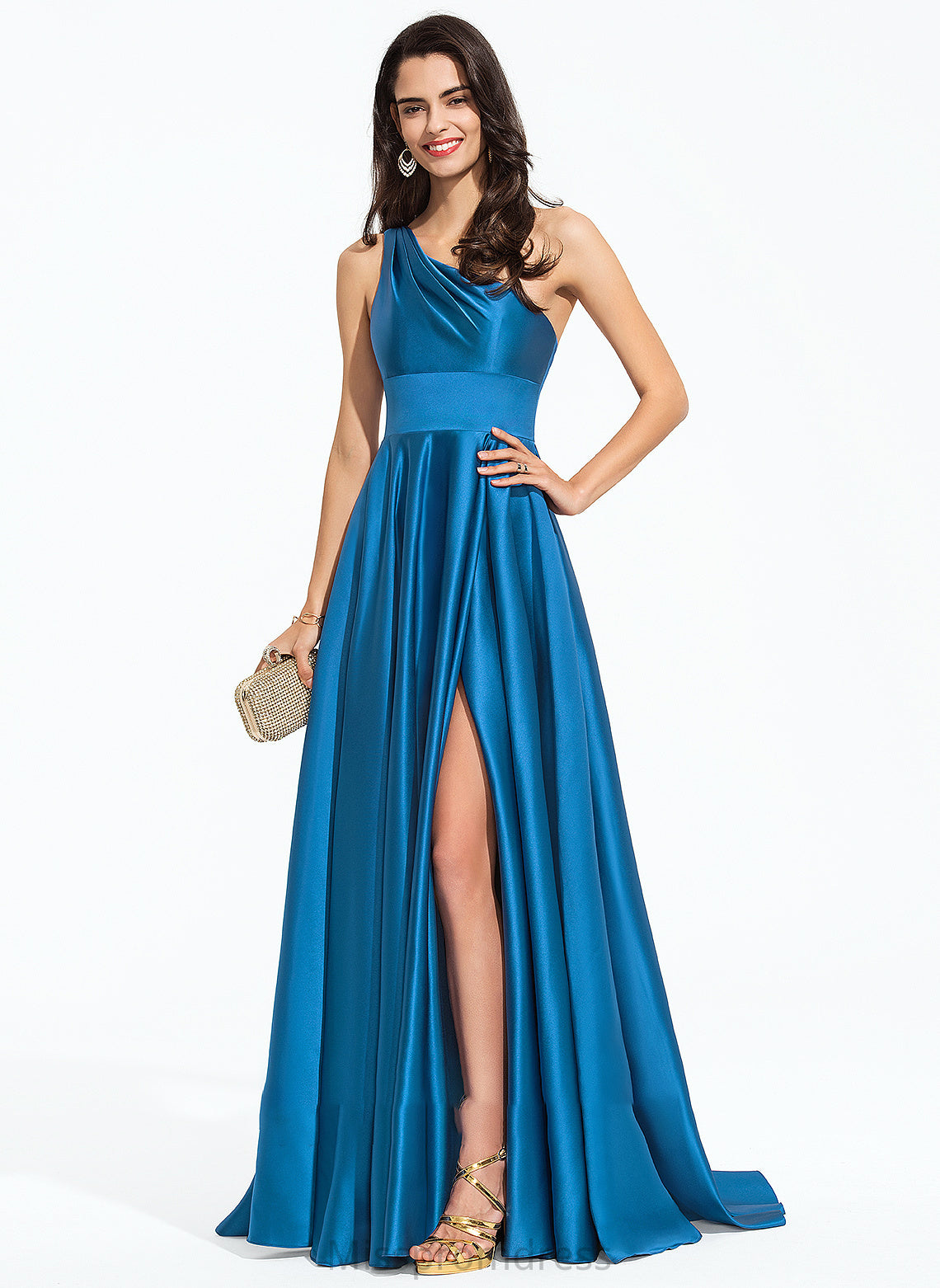With Iris Train Split A-Line One-Shoulder Prom Dresses Satin Sweep Front