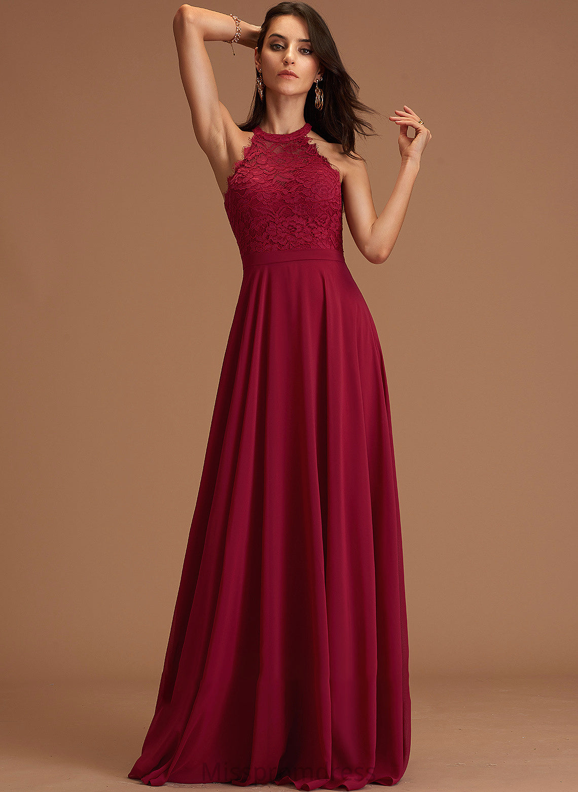 Mackenzie Chiffon Lace Neck With Floor-Length Scoop Prom Dresses A-Line