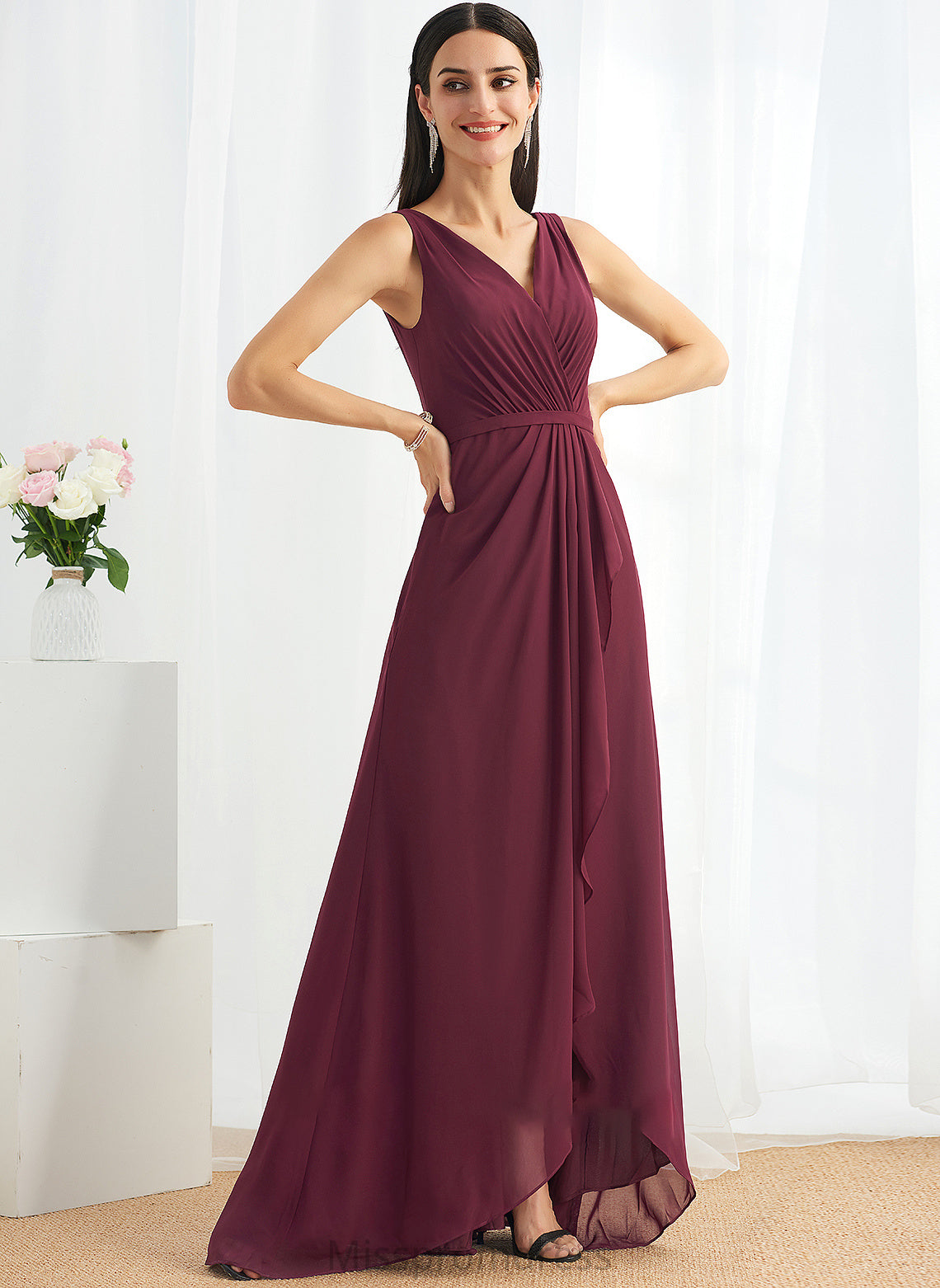 Neckline V-neck Length Silhouette SplitFront Embellishment Fabric A-Line Asymmetrical Jennifer Spaghetti Staps Floor Length Bridesmaid Dresses