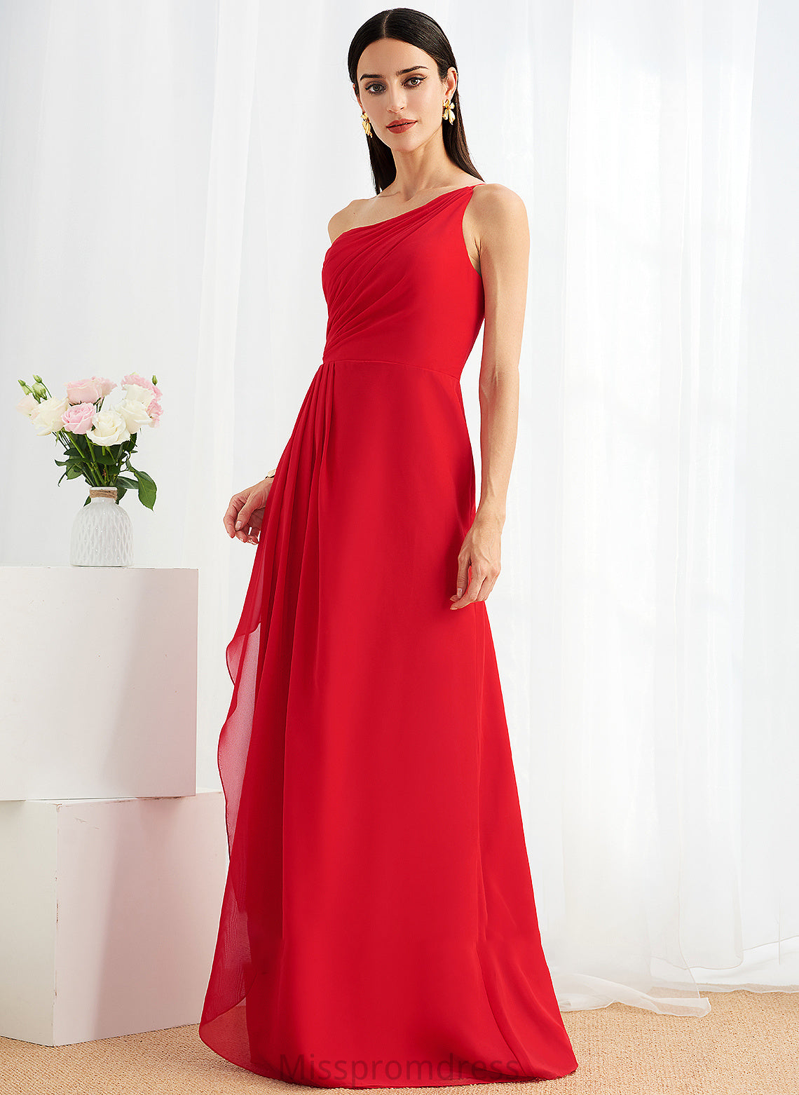 Length One-Shoulder Fabric Ruffle SplitFront Embellishment Floor-Length A-Line Silhouette Neckline Hailie Floor Length Bridesmaid Dresses