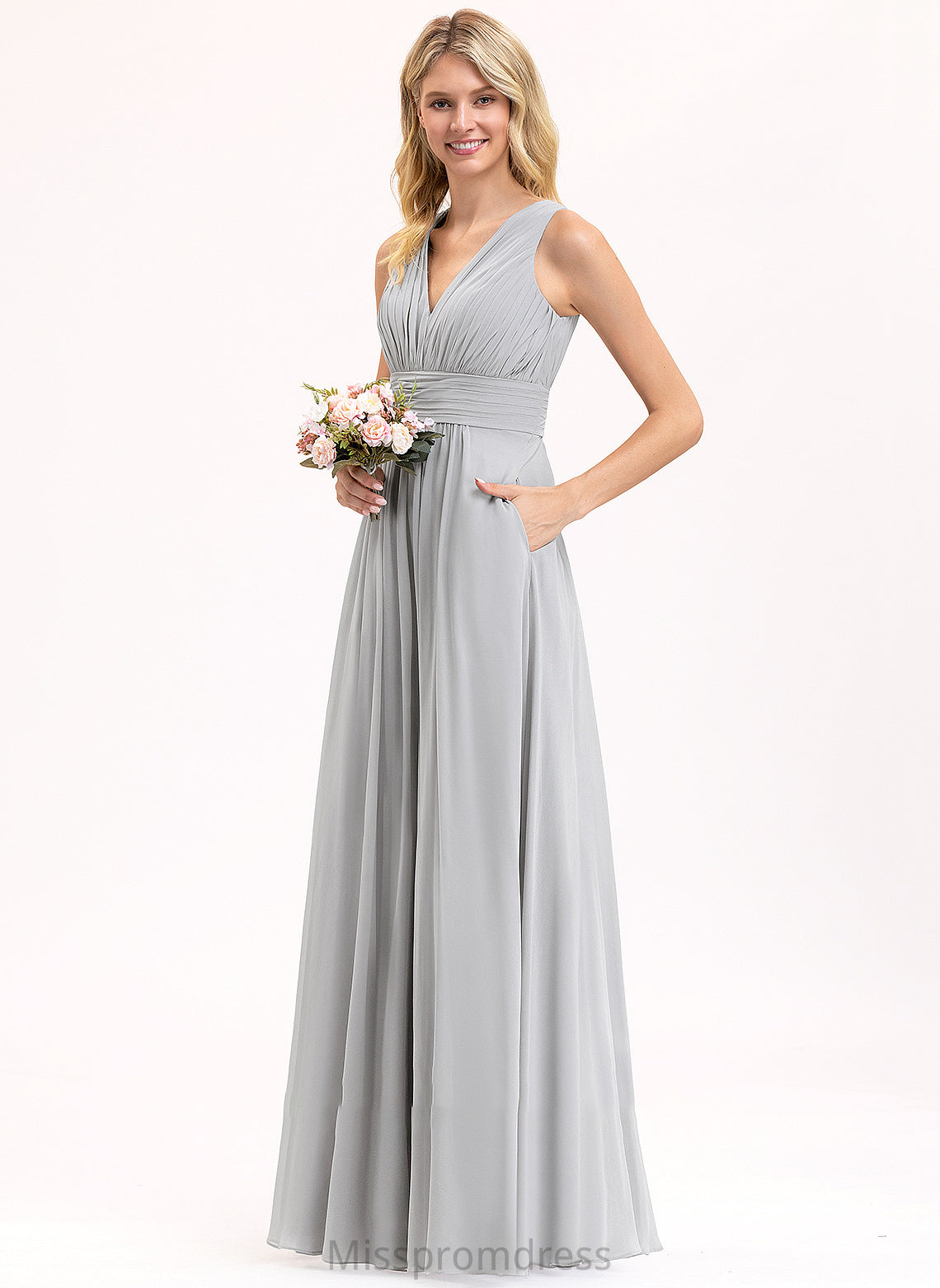 Fabric Bow(s) Silhouette Floor-Length Pockets Length V-neck Neckline Embellishment Ruffle A-Line Amanda Bridesmaid Dresses