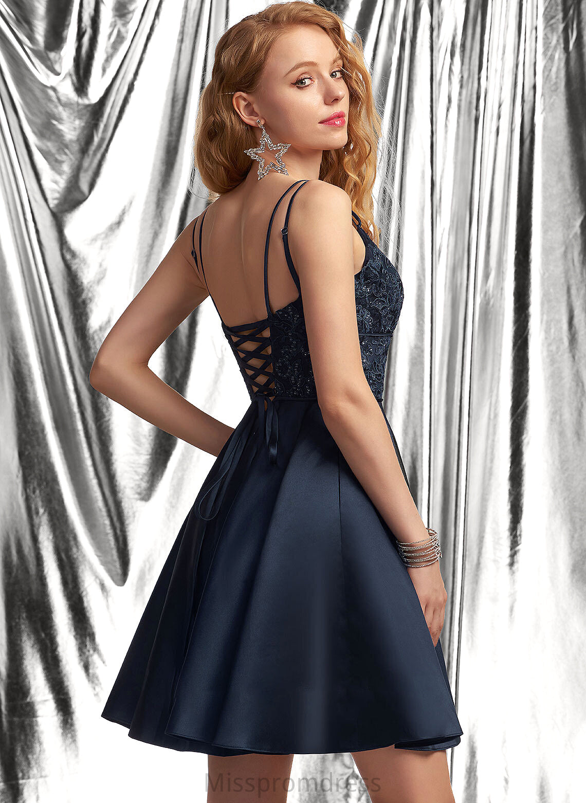 Prom Dresses A-Line Neckline Square Ashtyn Lace With Short/Mini Sequins Satin