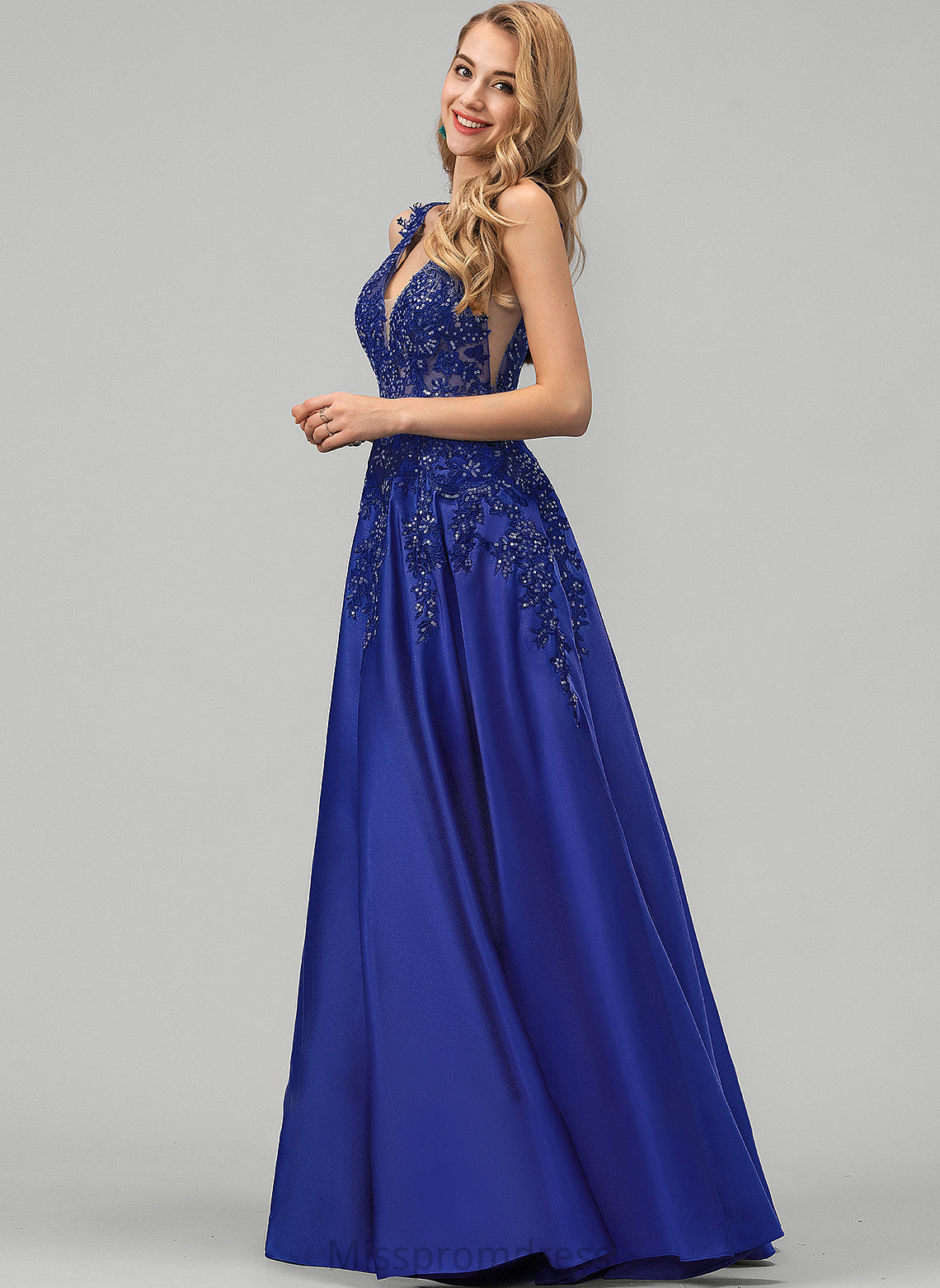 Sequins Satin With Floor-Length A-Line Averie Lace V-neck Prom Dresses