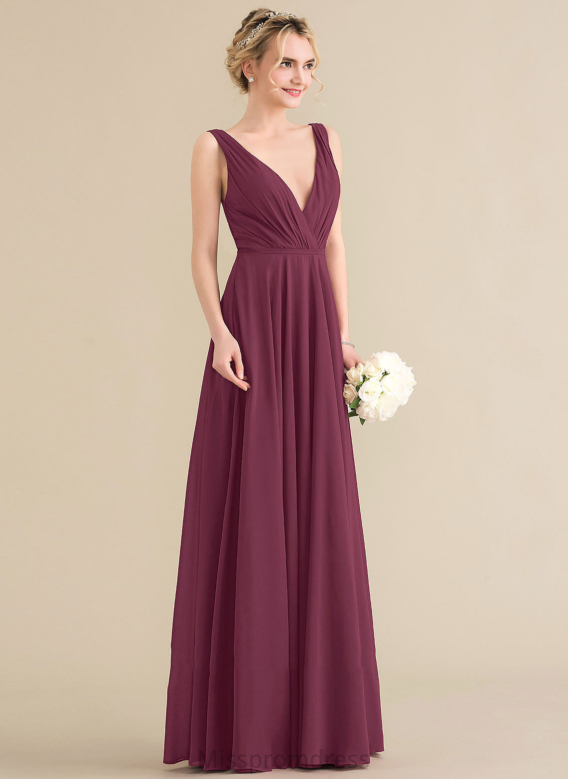 Fabric A-Line Embellishment Silhouette Floor-Length Ruffle Neckline V-neck Length Jaslyn A-Line/Princess Natural Waist Bridesmaid Dresses