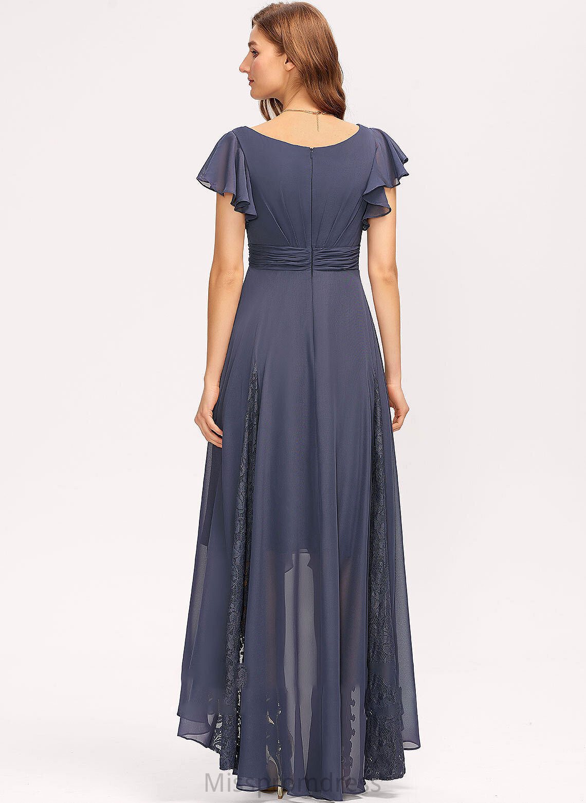 Asymmetrical Embellishment A-Line Ruffle V-neck Lace Neckline Silhouette Fabric Length Virginia A-Line/Princess Bridesmaid Dresses
