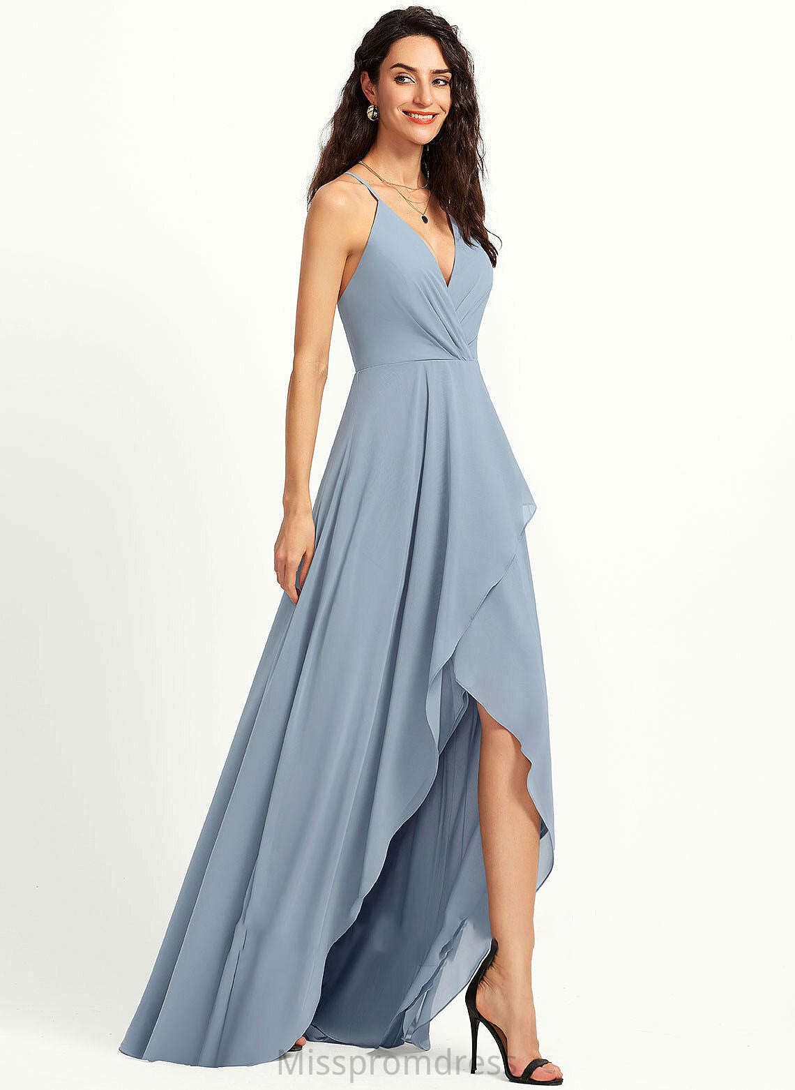 Silhouette Asymmetrical Straps Fabric Length A-Line V-neck Neckline Laney Sleeveless Floor Length Natural Waist Bridesmaid Dresses