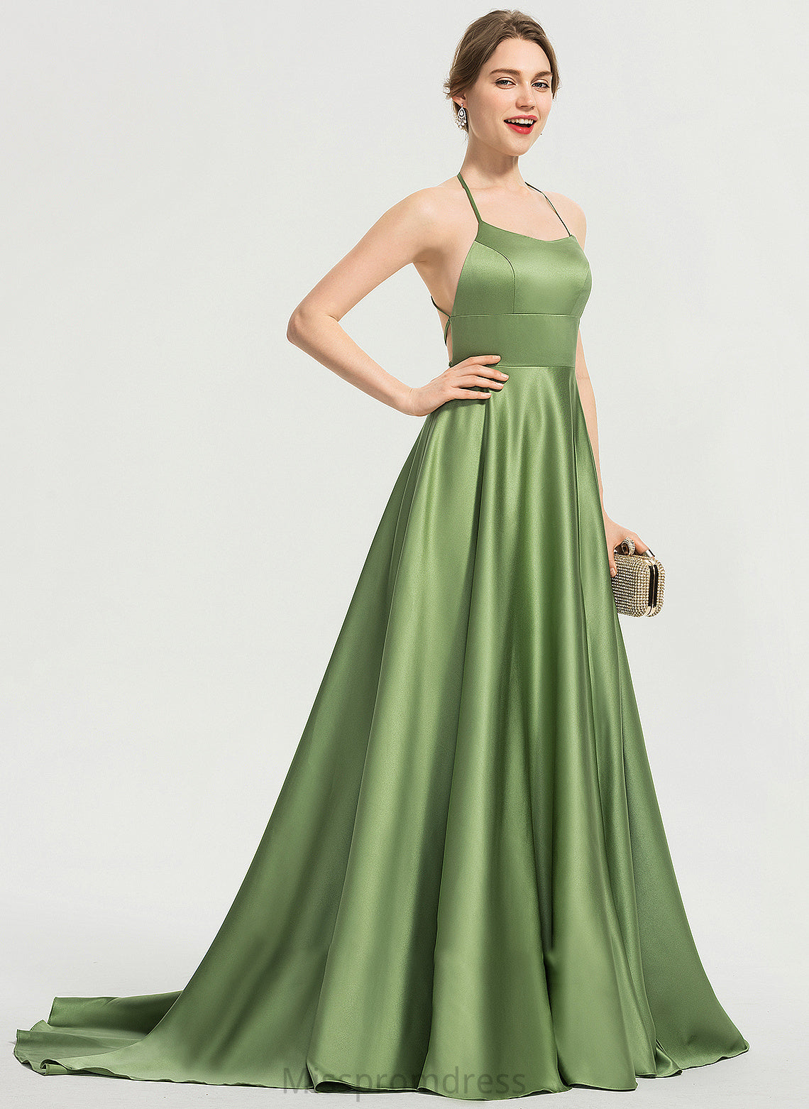 Front With Neck Satin Ariel Scoop Train Sweep Prom Dresses A-Line Split