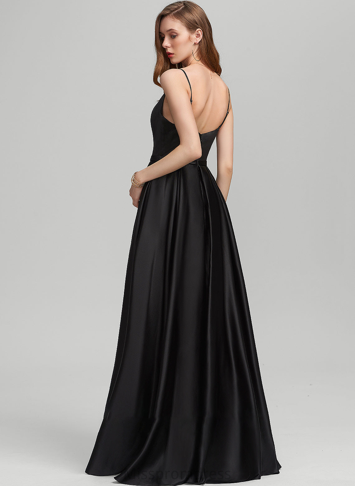 Glenda Satin A-Line Neckline Split Floor-Length Prom Dresses With Pockets Square Front