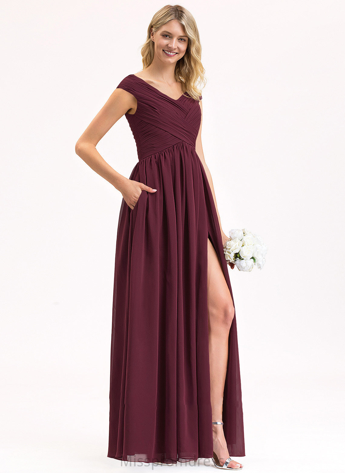 SplitFront Fabric Ruffle Pockets Embellishment Length A-Line Floor-Length Silhouette Off-the-Shoulder Neckline Rayne Bridesmaid Dresses