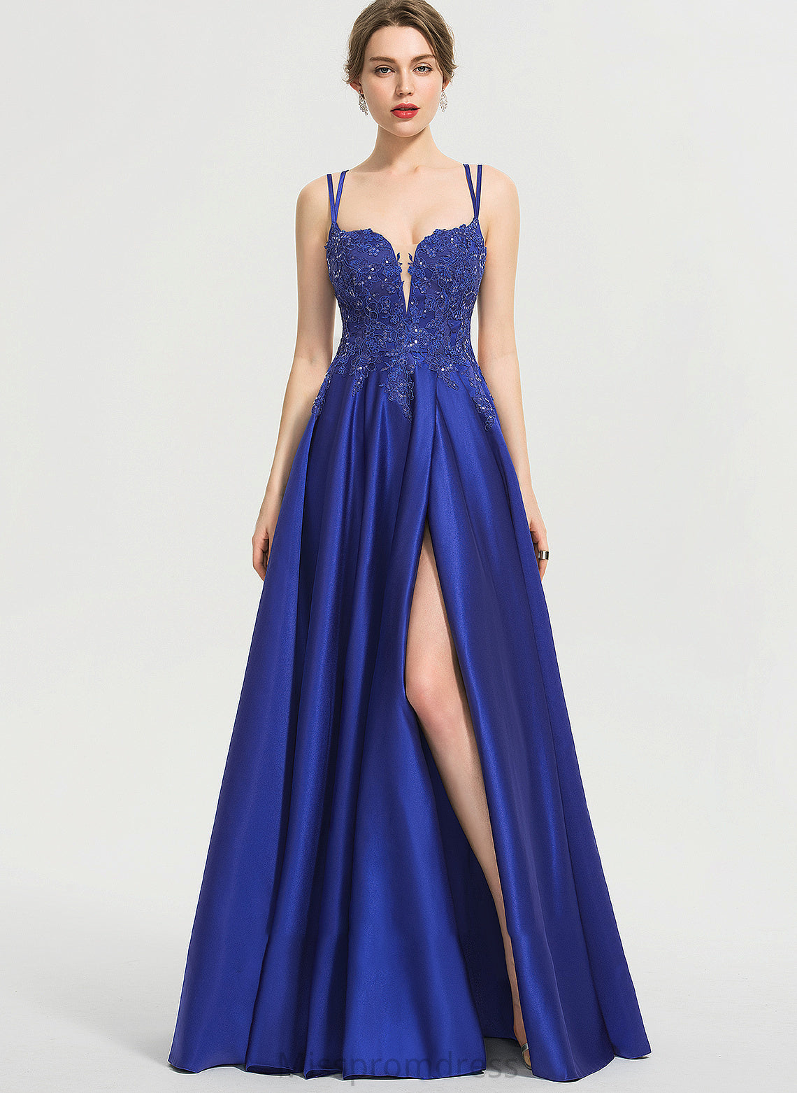 Ball-Gown/Princess Mikaela With Floor-Length Sequins Satin Prom Dresses Front Split V-neck