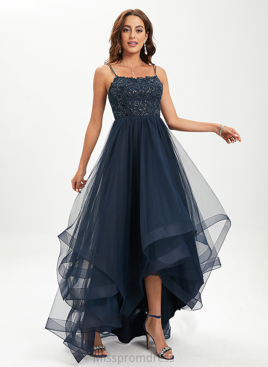 Valery Ball-Gown/Princess Prom Dresses Neck With Tulle Lace Scoop Asymmetrical Sequins