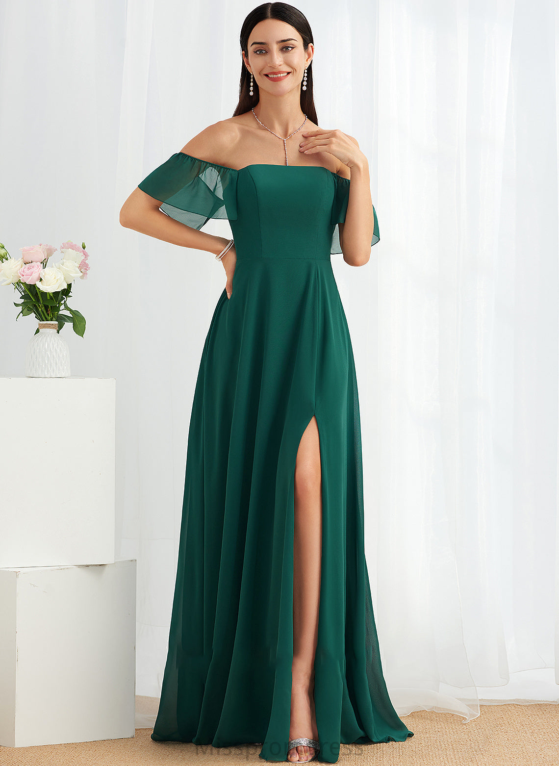Neckline Length Floor-Length Embellishment Fabric A-Line Silhouette Off-the-Shoulder SplitFront Lacey Sleeveless Floor Length Bridesmaid Dresses