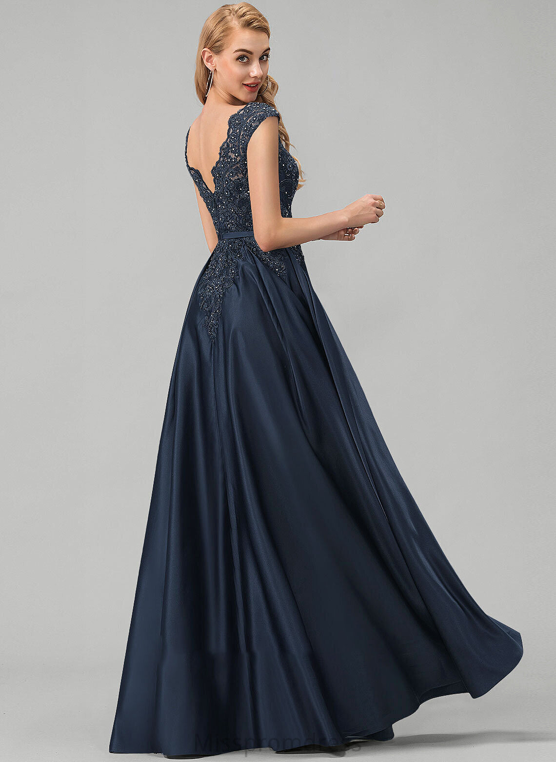 Beading Prom Dresses Floor-Length With Lace Rosalie Pockets Satin Neck Bow(s) Ball-Gown/Princess Scoop Sequins