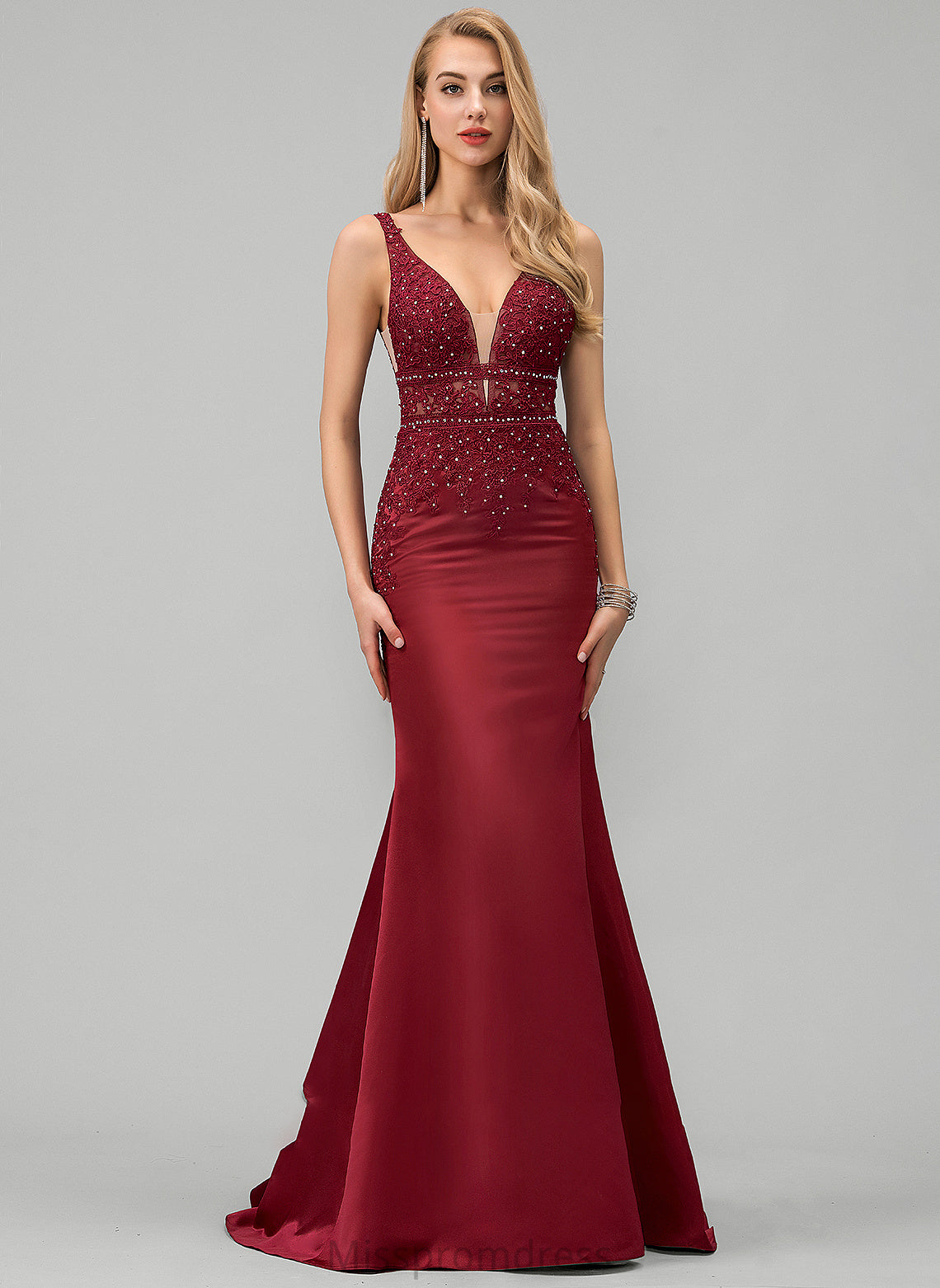 Prom Dresses V-neck Train Sequins Satin Lace Trumpet/Mermaid Beading Sweep With Aiyana