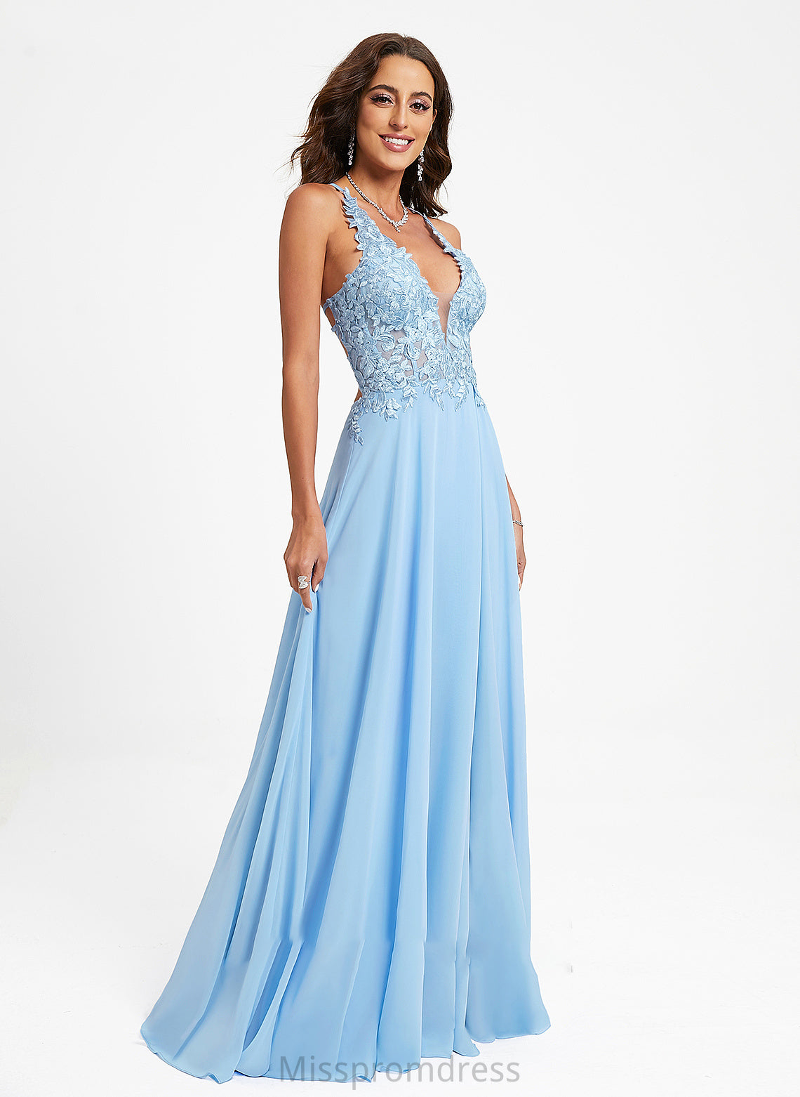 Chiffon Monica A-Line Prom Dresses Floor-Length Lace V-neck With