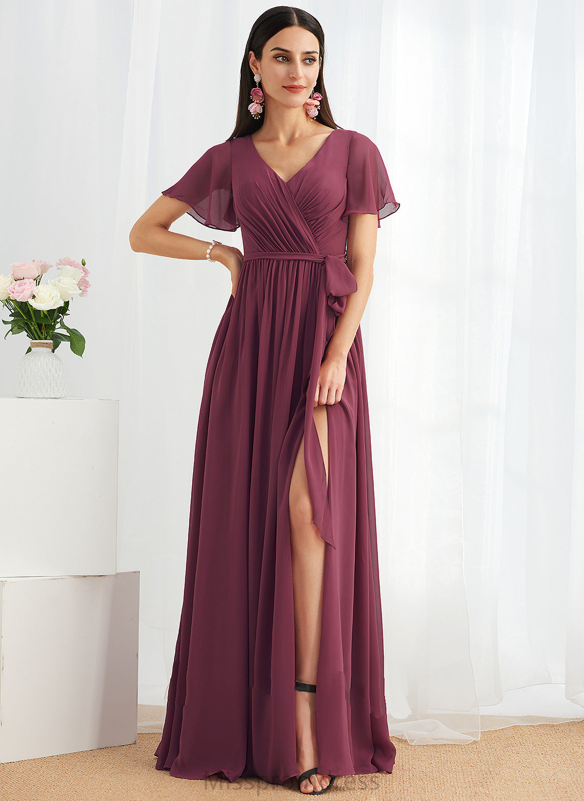 Length Floor-Length V-neck Fabric SplitFront Silhouette A-Line Neckline Embellishment Ansley Natural Waist A-Line/Princess Bridesmaid Dresses