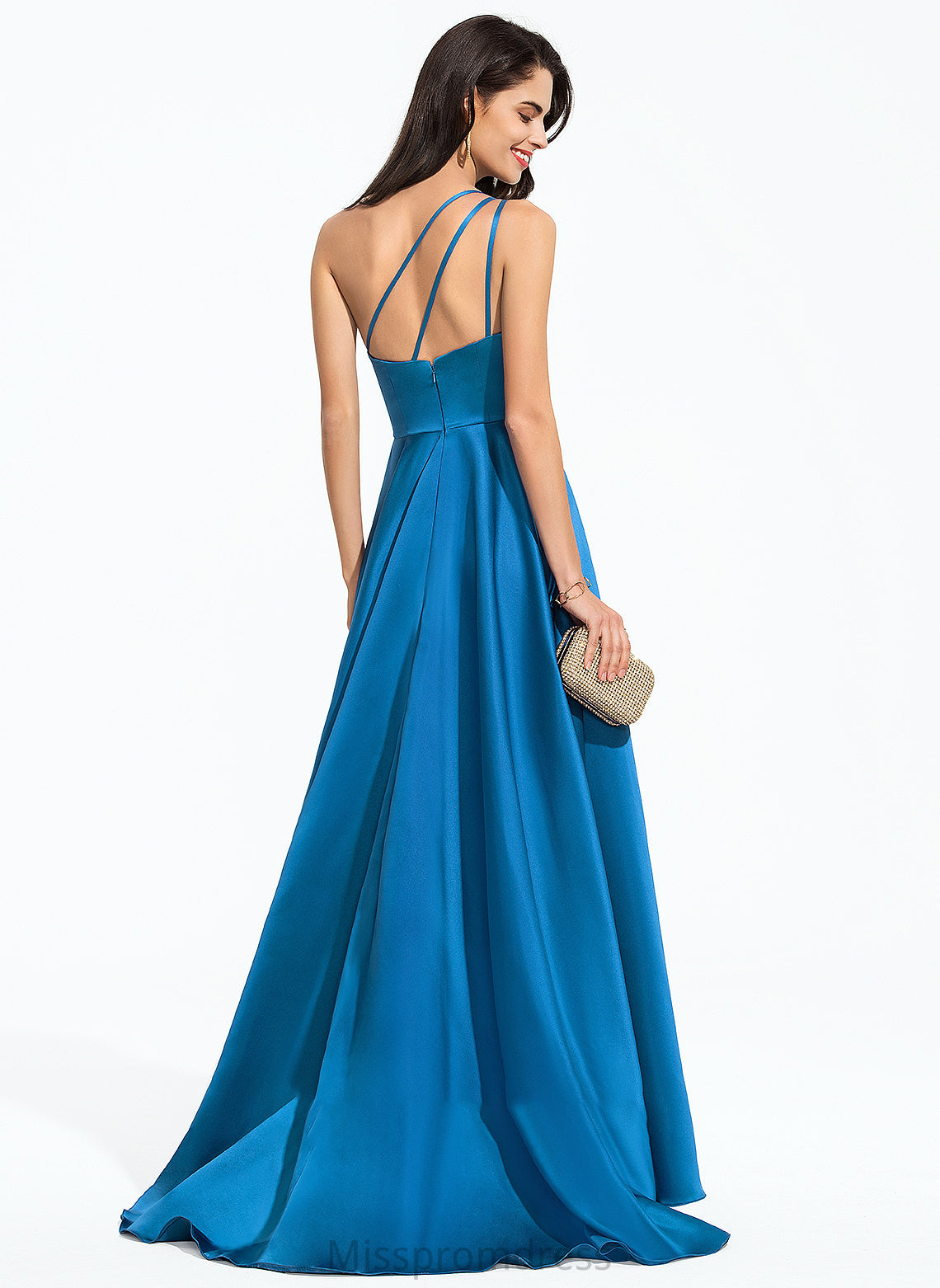 With Iris Train Split A-Line One-Shoulder Prom Dresses Satin Sweep Front