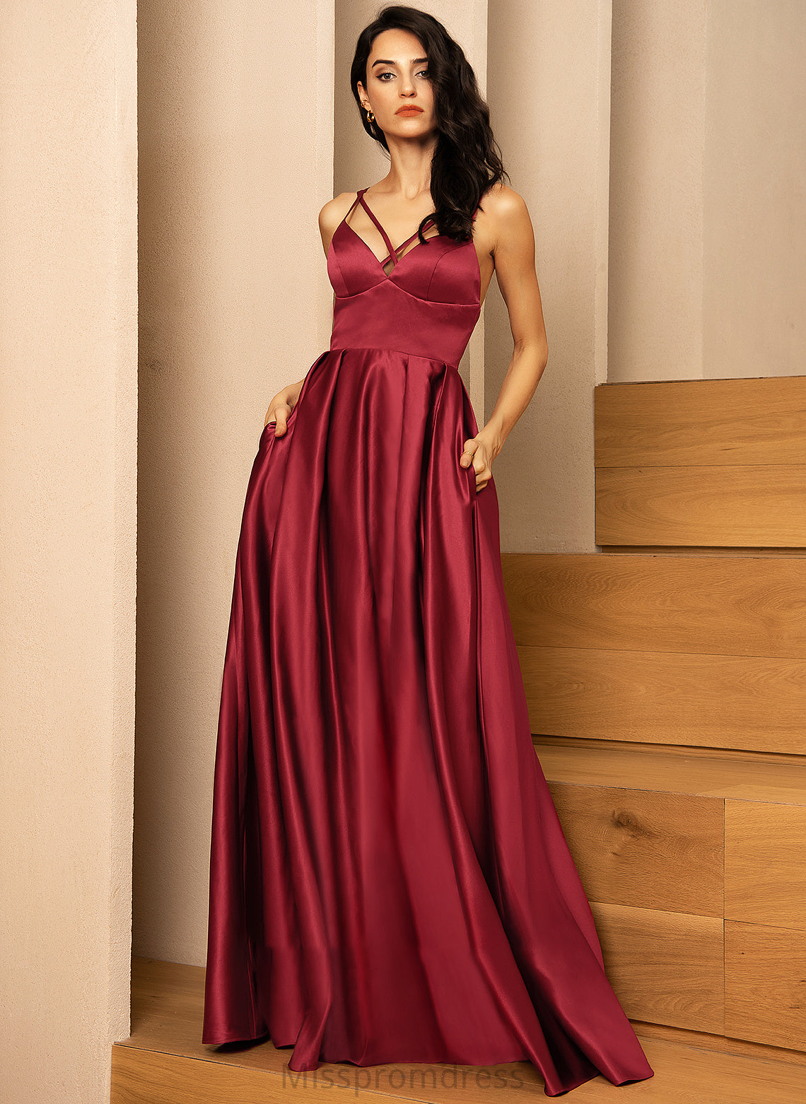 V-neck Split A-Line Floor-Length With Prom Dresses Pockets Satin Front Jaslyn