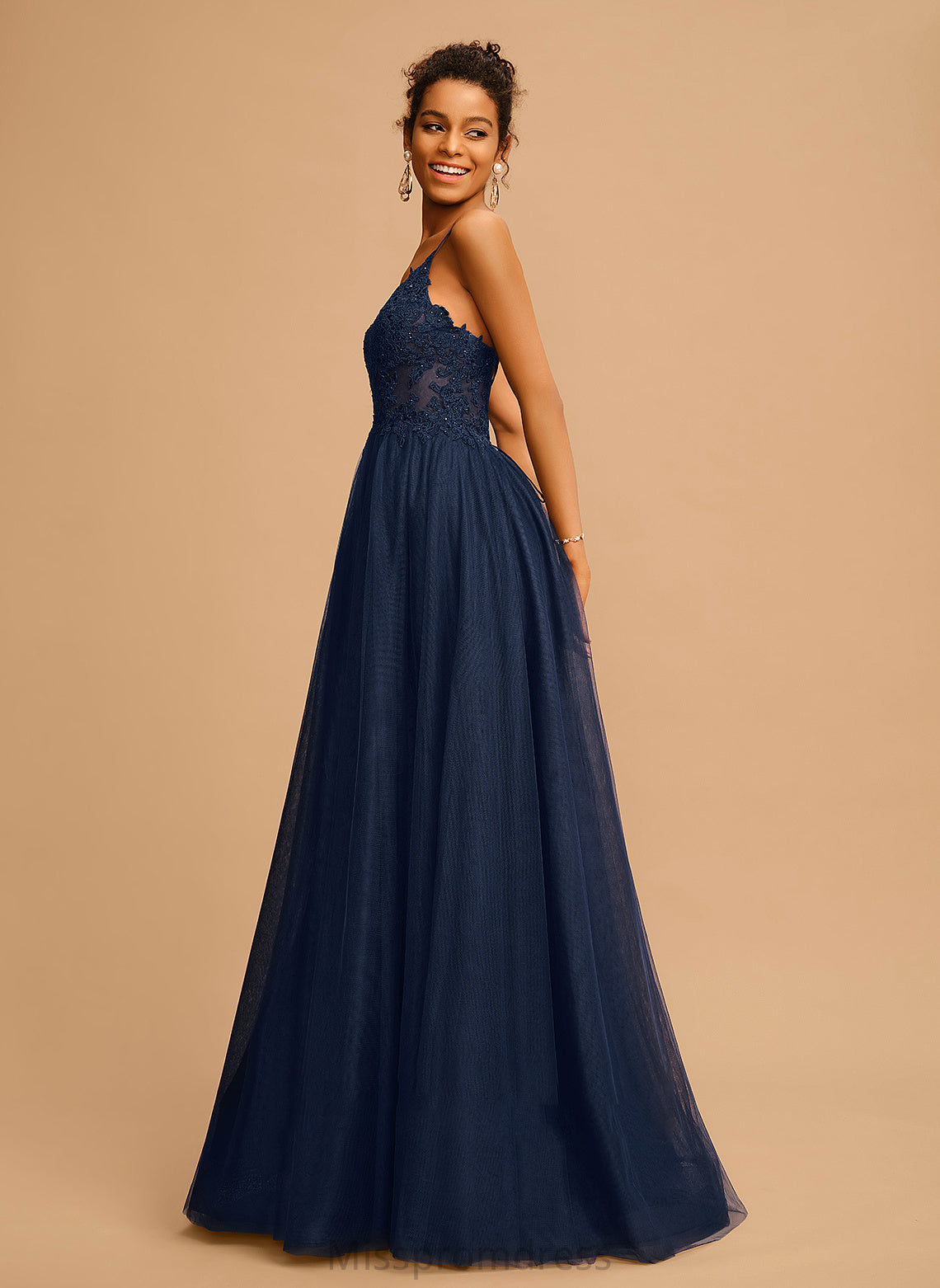 Prom Dresses A-Line With Sequins Floor-Length Beading Tulle Estrella V-neck