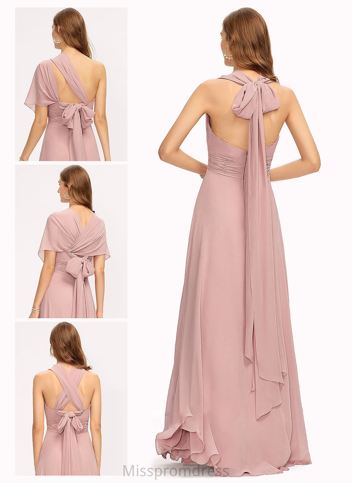 Embellishment Neckline V-neck Ruffle Silhouette A-Line Length One-Shoulder Halter Fabric Floor-Length Nadine Bridesmaid Dresses