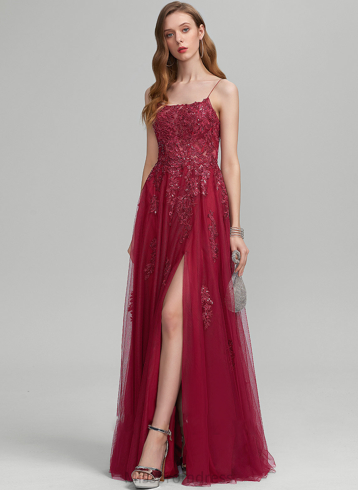 Sequins Front Floor-Length Neckline Prom Dresses A-Line Split Greta Tulle Square With