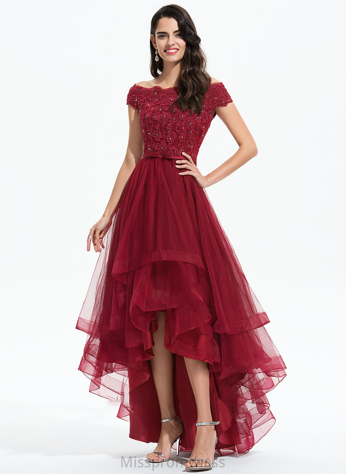 Bow(s) Tulle Asymmetrical Prom Dresses Sequins Beading With Off-the-Shoulder Ball-Gown/Princess Gertrude