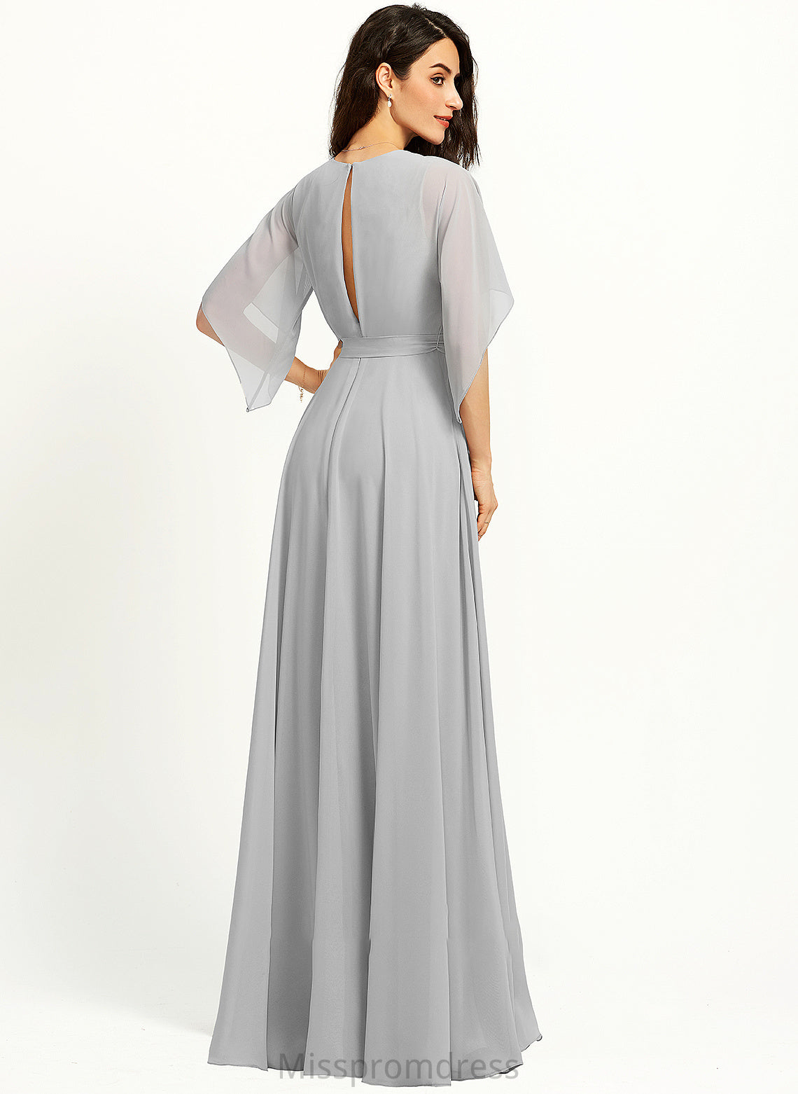 A-Line Fabric Floor-Length Neckline Embellishment Silhouette V-neck Ruffle SplitFront Length Krystal Natural Waist Bridesmaid Dresses