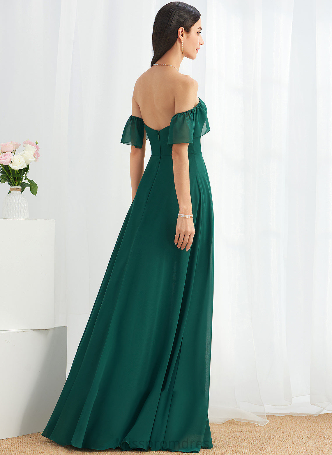 Neckline Length Floor-Length Embellishment Fabric A-Line Silhouette Off-the-Shoulder SplitFront Lacey Sleeveless Floor Length Bridesmaid Dresses