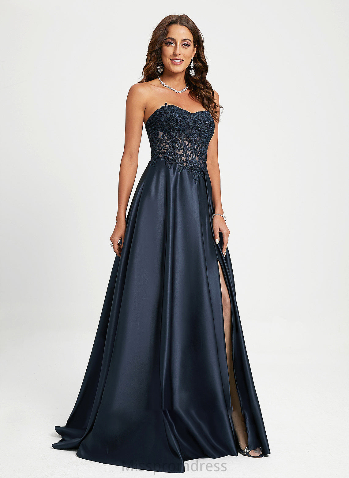 Sweetheart With Aimee A-Line Prom Dresses Train Lace Sweep Satin