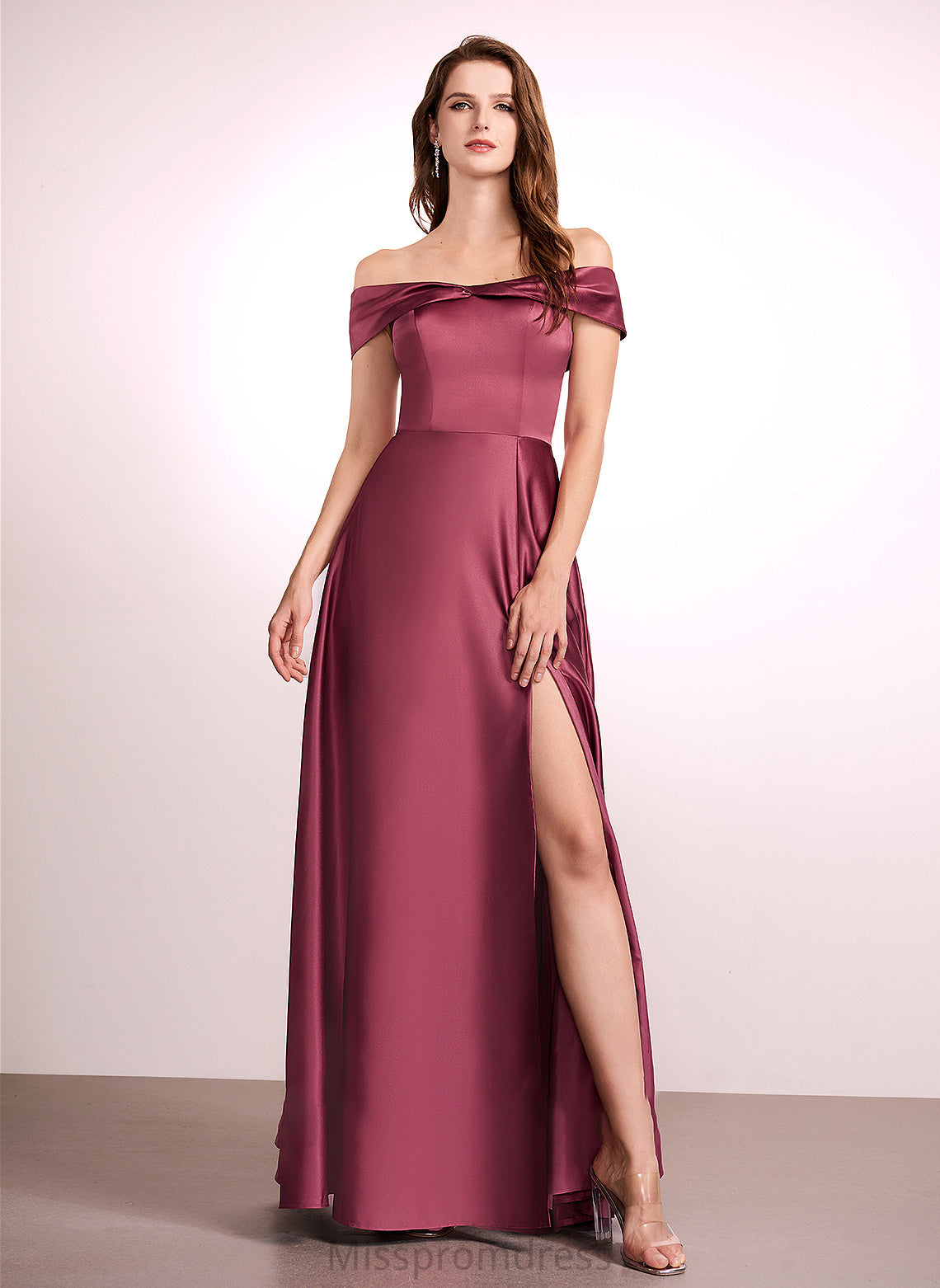 Off-the-Shoulder Neckline Length Fabric Floor-Length Silhouette A-Line Embellishment SplitFront Hadassah Short Sleeves A-Line/Princess Bridesmaid Dresses
