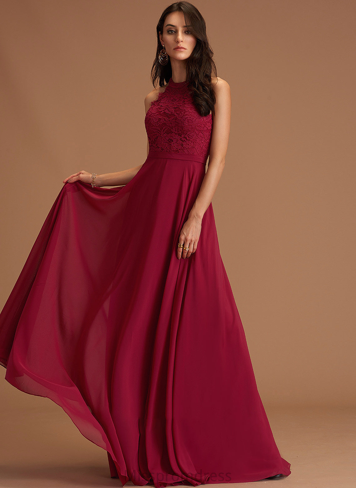 Mackenzie Chiffon Lace Neck With Floor-Length Scoop Prom Dresses A-Line