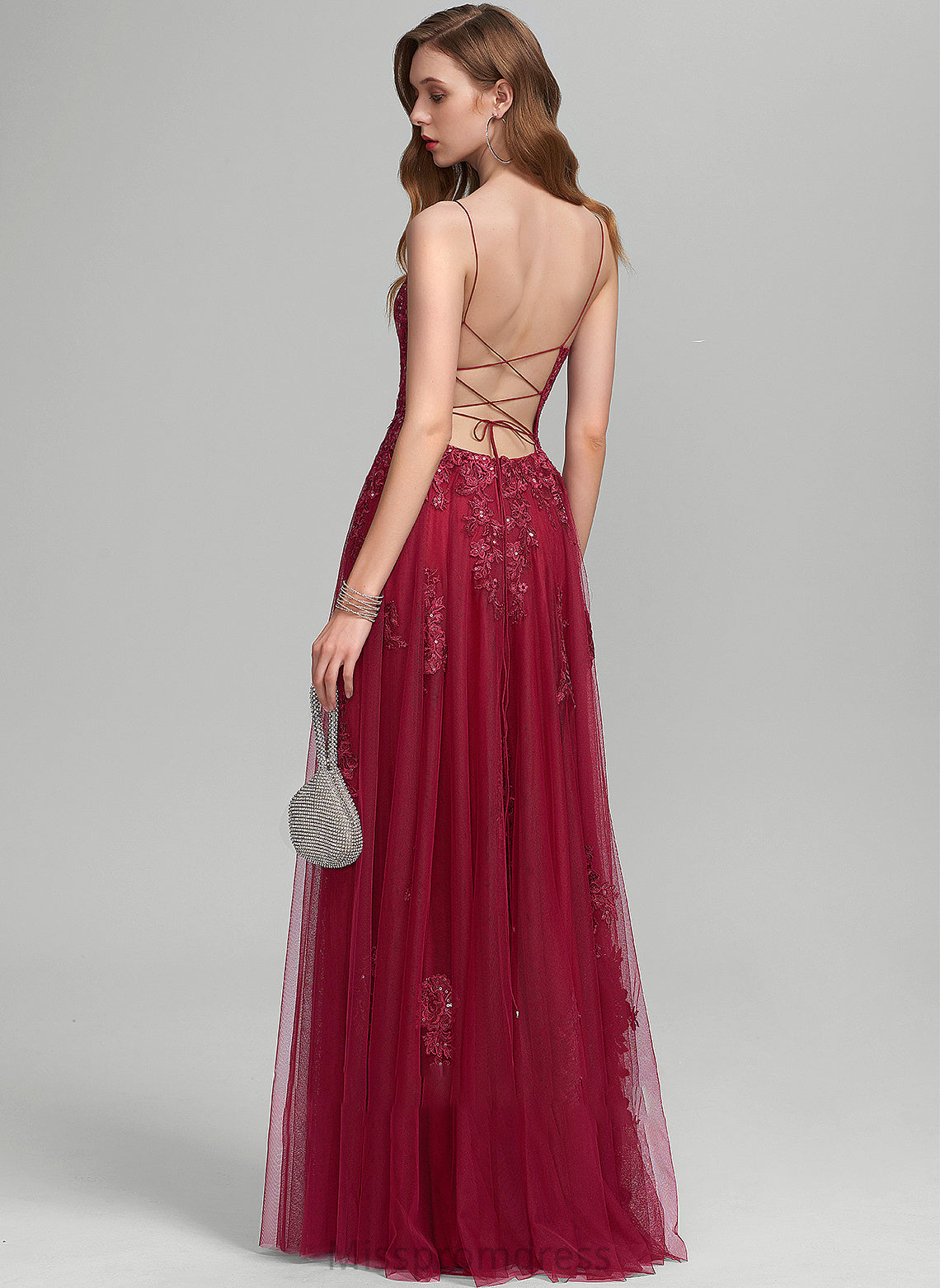 Sequins Front Floor-Length Neckline Prom Dresses A-Line Split Greta Tulle Square With