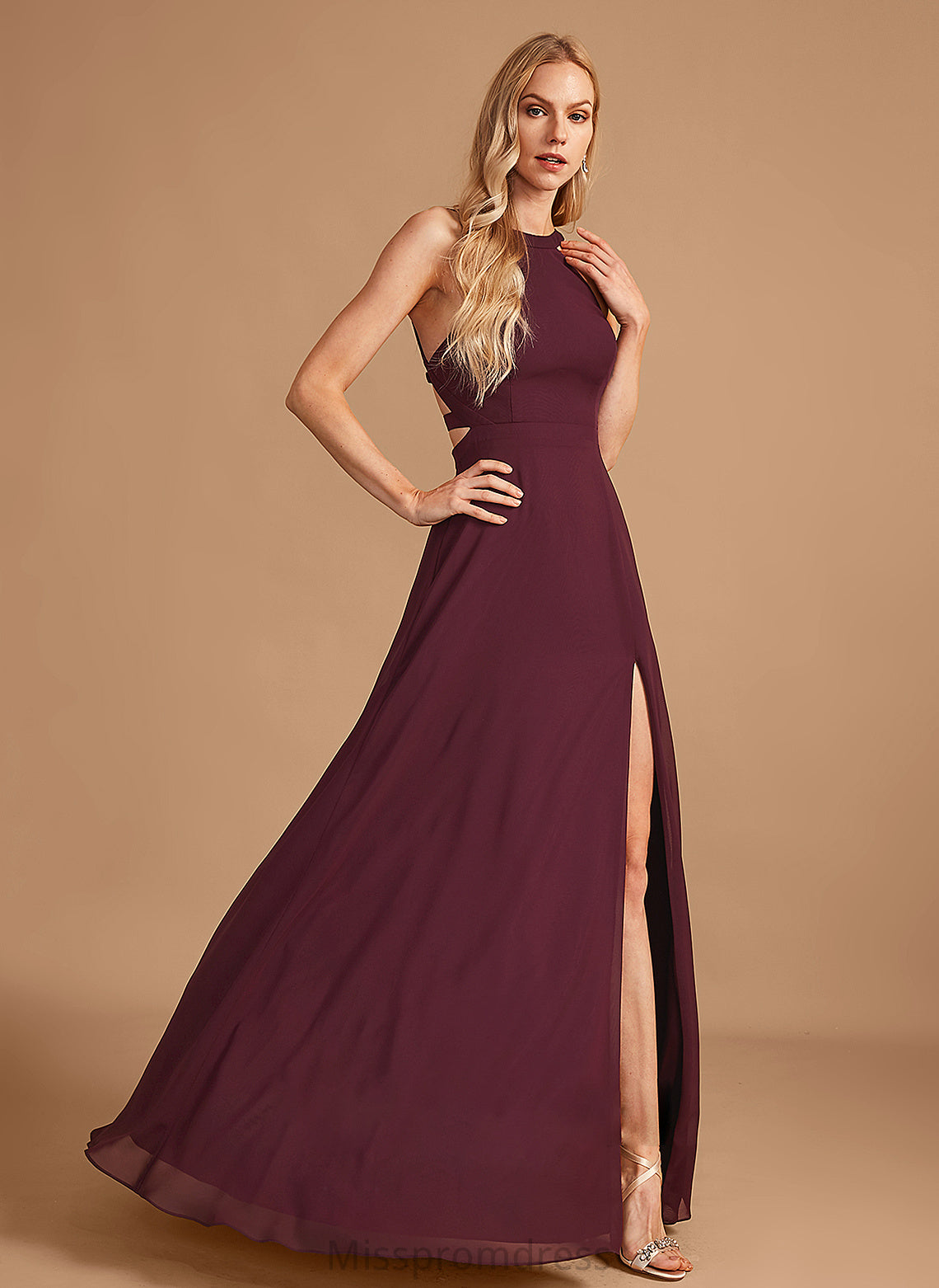 Floor-Length SplitFront Fabric Length Embellishment A-Line Neckline Silhouette HighNeck Alisa Velvet Scoop Bridesmaid Dresses
