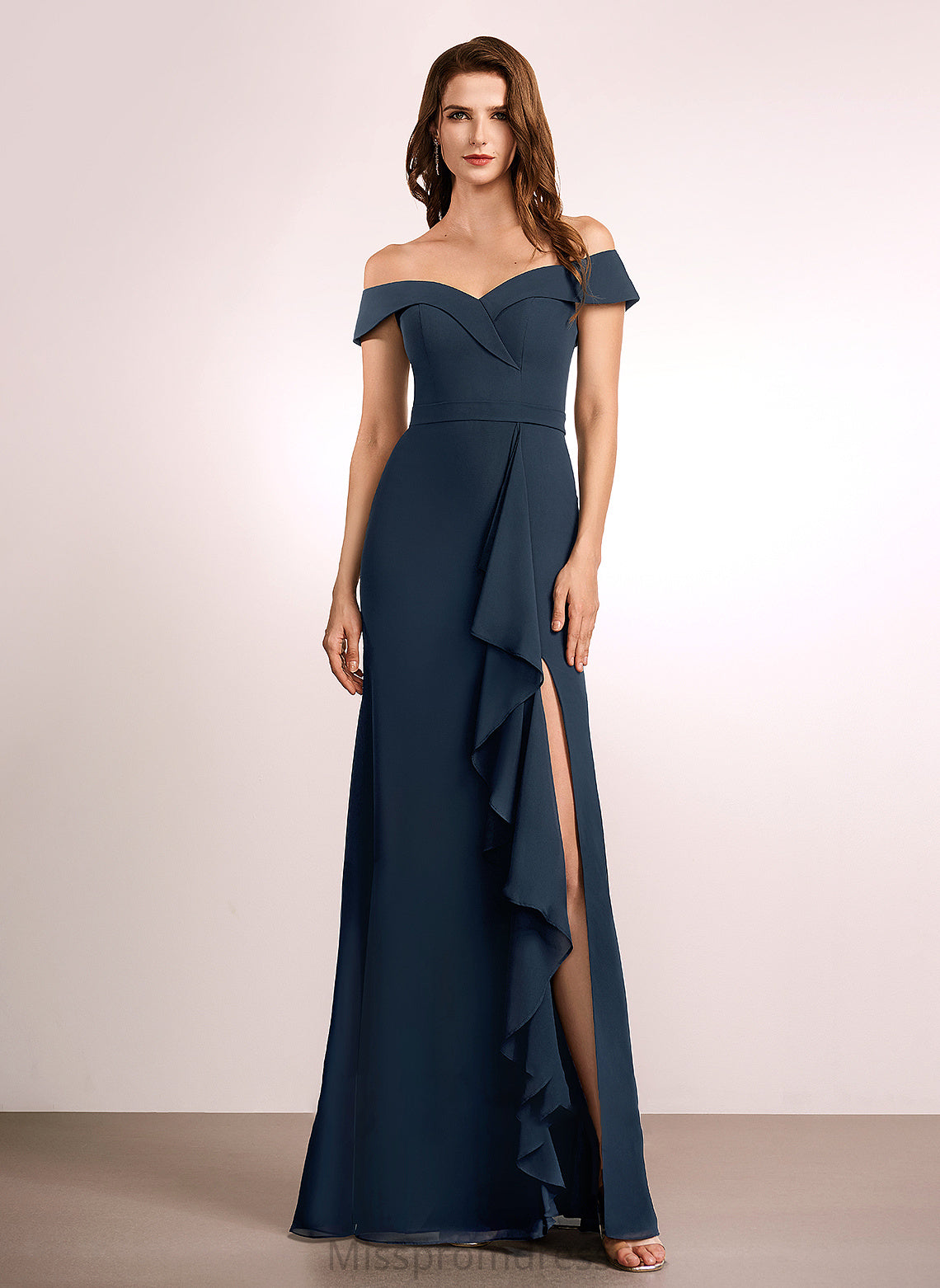 A-Line Neckline Length Ruffle Fabric Off-the-Shoulder Embellishment Floor-Length Silhouette Gretchen Floor Length Spaghetti Staps Bridesmaid Dresses