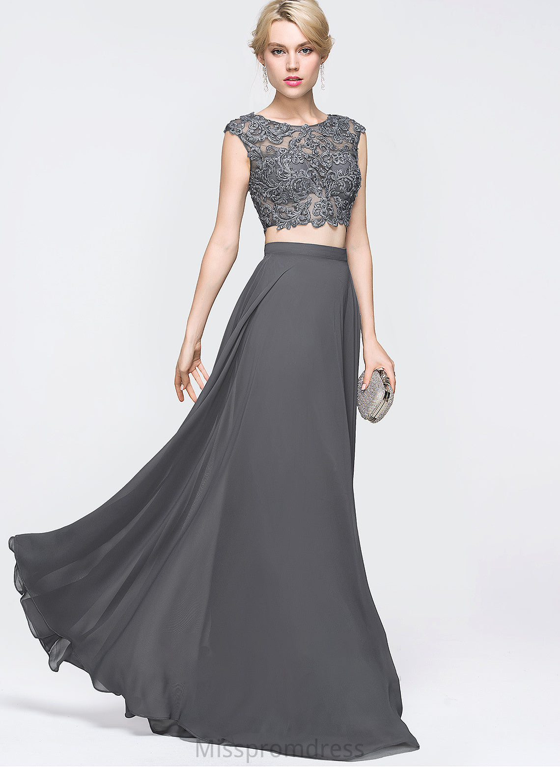 A-Line Sequins Prom Dresses Beading Floor-Length Scoop Elena With Chiffon Neck