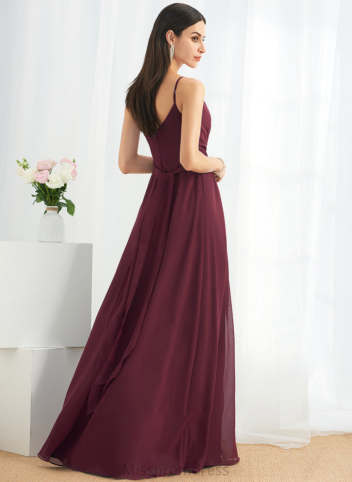 SplitFront Embellishment Fabric V-neck A-Line Silhouette Neckline Length Floor-Length Ruffle Carmen Scoop Bridesmaid Dresses