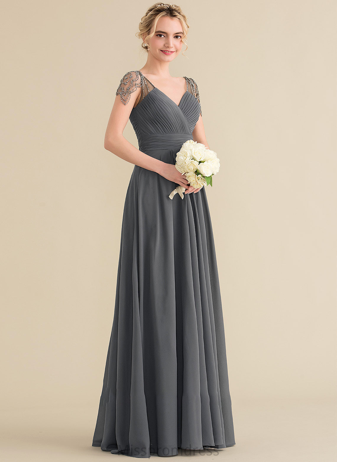 Sequins Floor-Length Ruffle Silhouette Fabric A-Line Beading Embellishment V-neck Length Neckline Jessica Bridesmaid Dresses