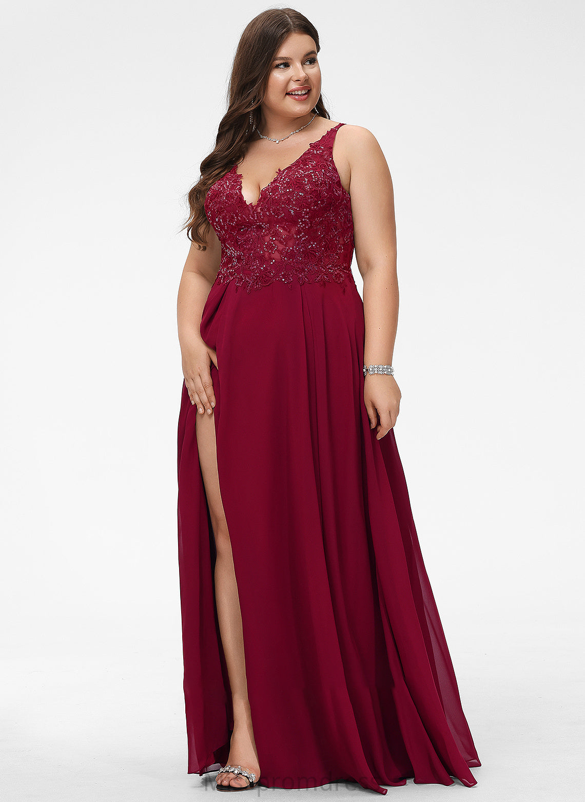 V-neck Split Talia Sequins With A-Line Lace Front Chiffon Floor-Length Prom Dresses